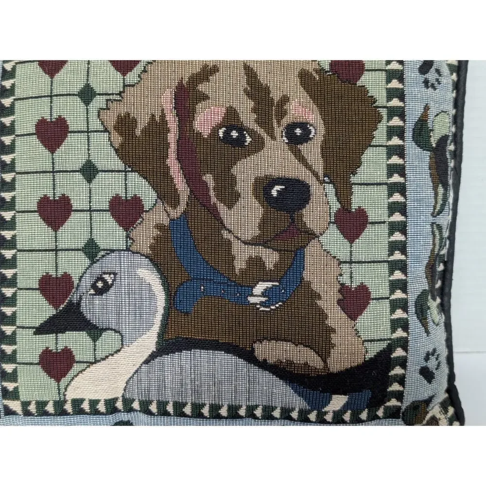 Vintage Puppy and Duck Needlepoint Pillow Heart Border Paw Prints Padded Edging